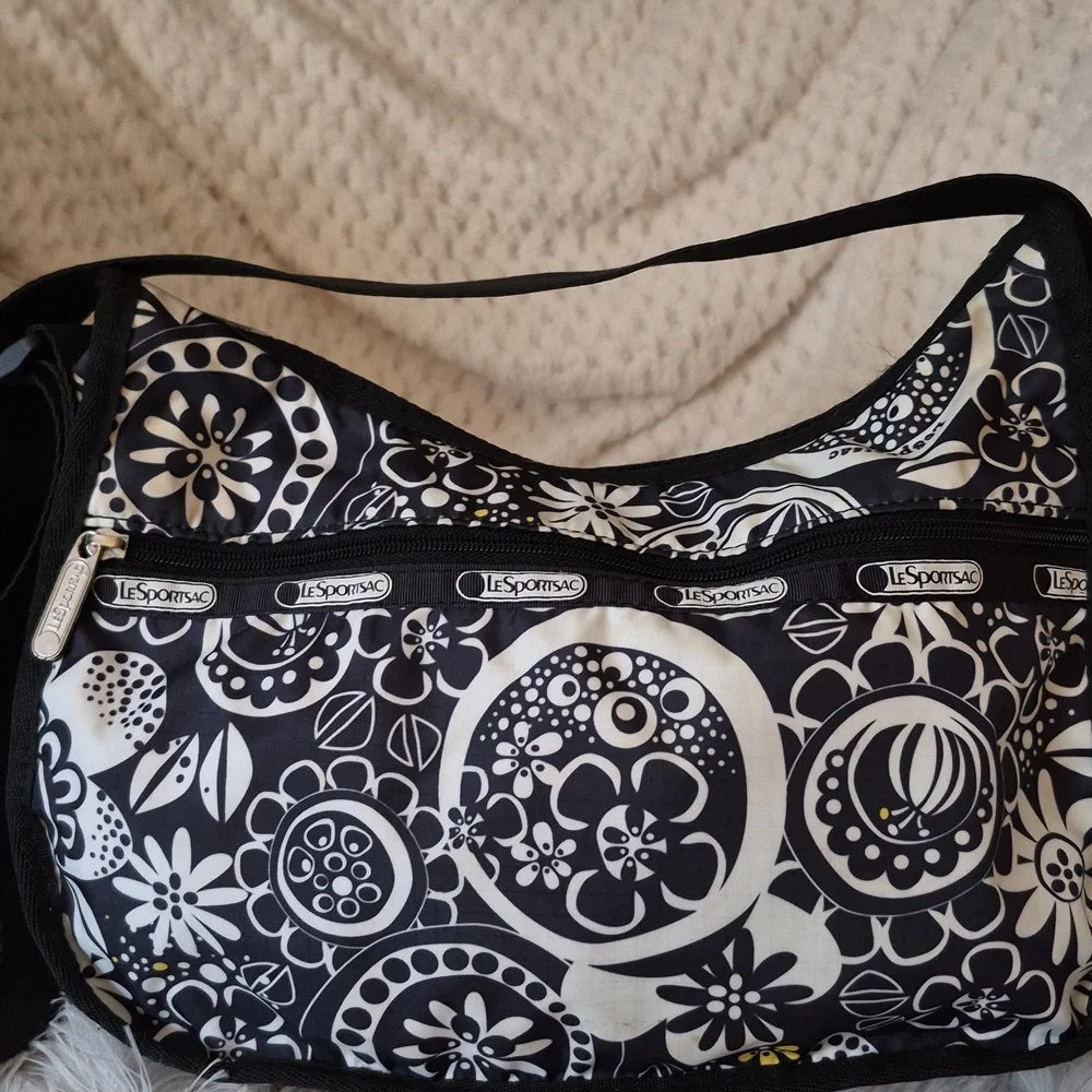 LeSportsac Black and White Floral Shoulder Crossbody Zip Bag